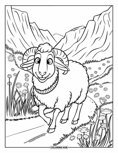 Coloriage de moutons pour enfants : Un mouton souriant en pull se promène dans un col de montagne fleuri
