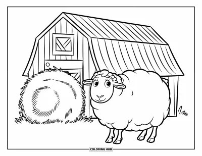 Coloriage de moutons pour enfants : Un mouton aux grands yeux se tient près d'une meule de foin devant une grange sur fond blanc