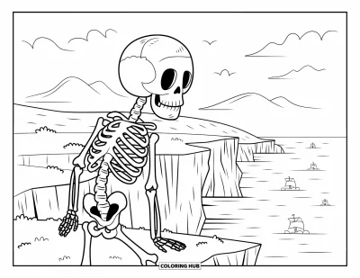 Coloriage de squelette pour adultes : Un squelette encapuchonné contemple des navires fantômes depuis le bord d'une falaise au-dessus de mers déchaînées