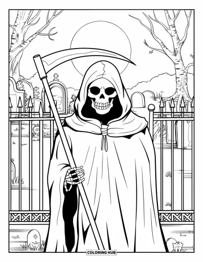 Coloriage de squelette pour adultes : Un squelette encapuchonné avec une faux se tient à l'entrée d'un cimetière sous la pleine lune
