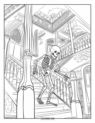 Coloriage de squelette pour adultes : Un squelette solitaire gravit un grand escalier dans un manoir victorien poussiéreux