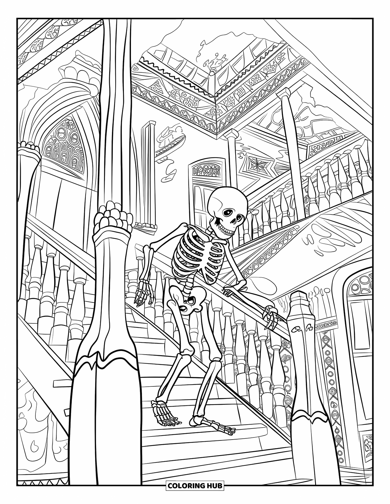 Skeleton Coloring Page for Adults: A lone skeleton climbs a grand staircase in a dusty Victorian mansion