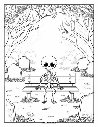 Coloriage de squelette pour adultes : Un squelette solitaire assis sur un banc parmi des pierres tombales de travers dans un cimetière brumeux