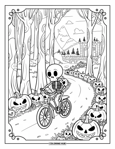 Coloriage de squelette pour adultes : Un squelette pédale sur un vieux vélo le long d'un chemin forestier éclairé par des jack-o'-lanterns