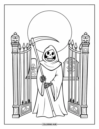 Coloriage de squelette pour adultes : Un squelette faucheur attend à l'entrée ornée d'un cimetière, faux en main sous la lune