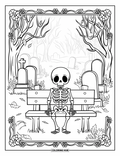 Coloriage de squelette pour adultes : Un squelette repose en silence sur un banc parmi des tourbillons de brouillard et des pierres tombales tordues