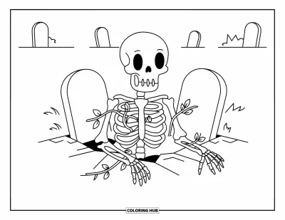 Coloriage de squelette pour adultes : Un squelette surgit d'une tombe brisée enveloppé de lianes entortillées dans un cimetière baigné de lune