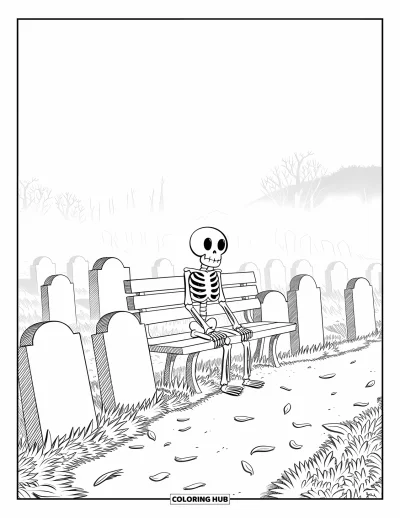 Coloriage de squelette pour adultes : Dans la brume et les silhouettes d'arbres, un squelette est assis tranquillement sur un banc de cimetière