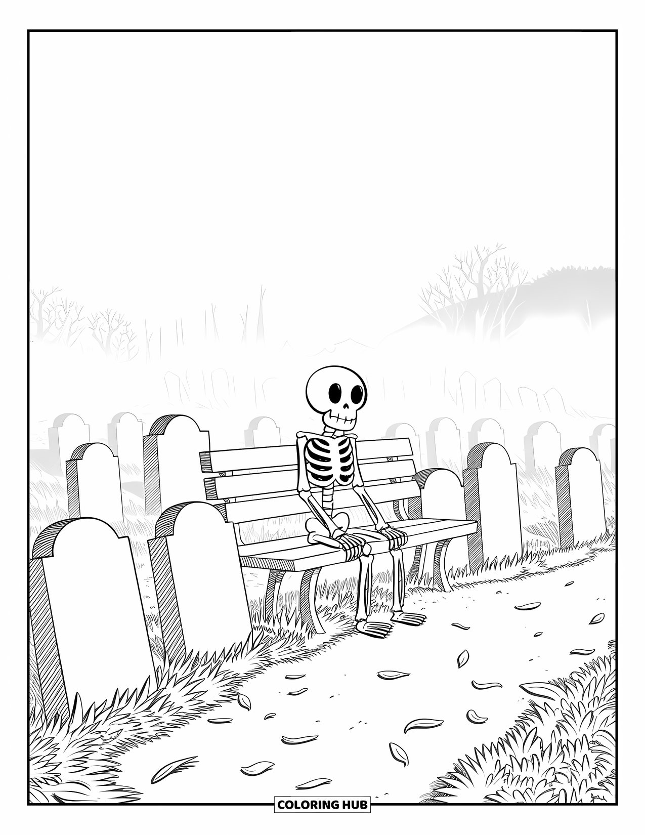 Skeleton Coloring Page for Adults: Amid mist and tree silhouettes, a skeleton sits calmly on a cemetery bench