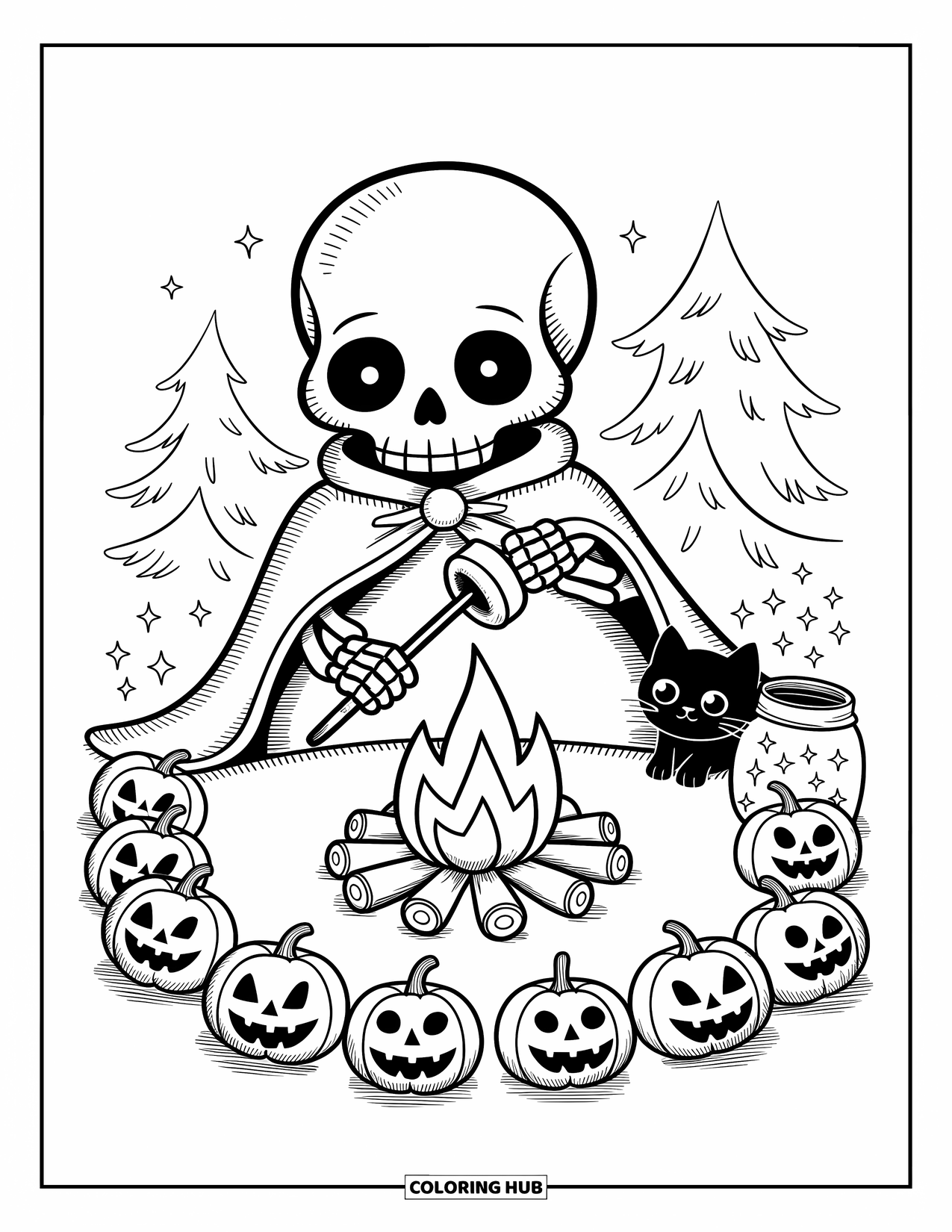 Skeleton Coloring Page for Adults: Cape-wearing skeleton roasting marshmallows near pumpkins and a playful black cat