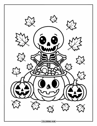 Coloriage de squelette pour adultes : Un squelette joyeux dans un champ de citrouilles tenant des friandises parmi des jack-o'-lanterns sculptées