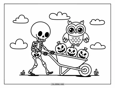 Coloriage de squelette pour adultes : Un adorable squelette poussant un chariot de citrouilles et de bonbons sous des nuages duveteux