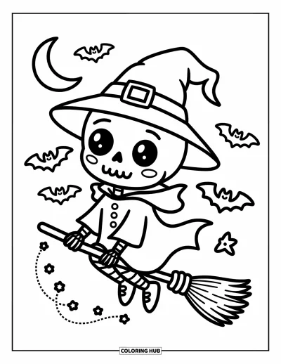 Coloriage de squelette pour adultes : Un adorable squelette sorcière volant avec des chauves-souris et des bonbons dans un ciel éclairé par la lune