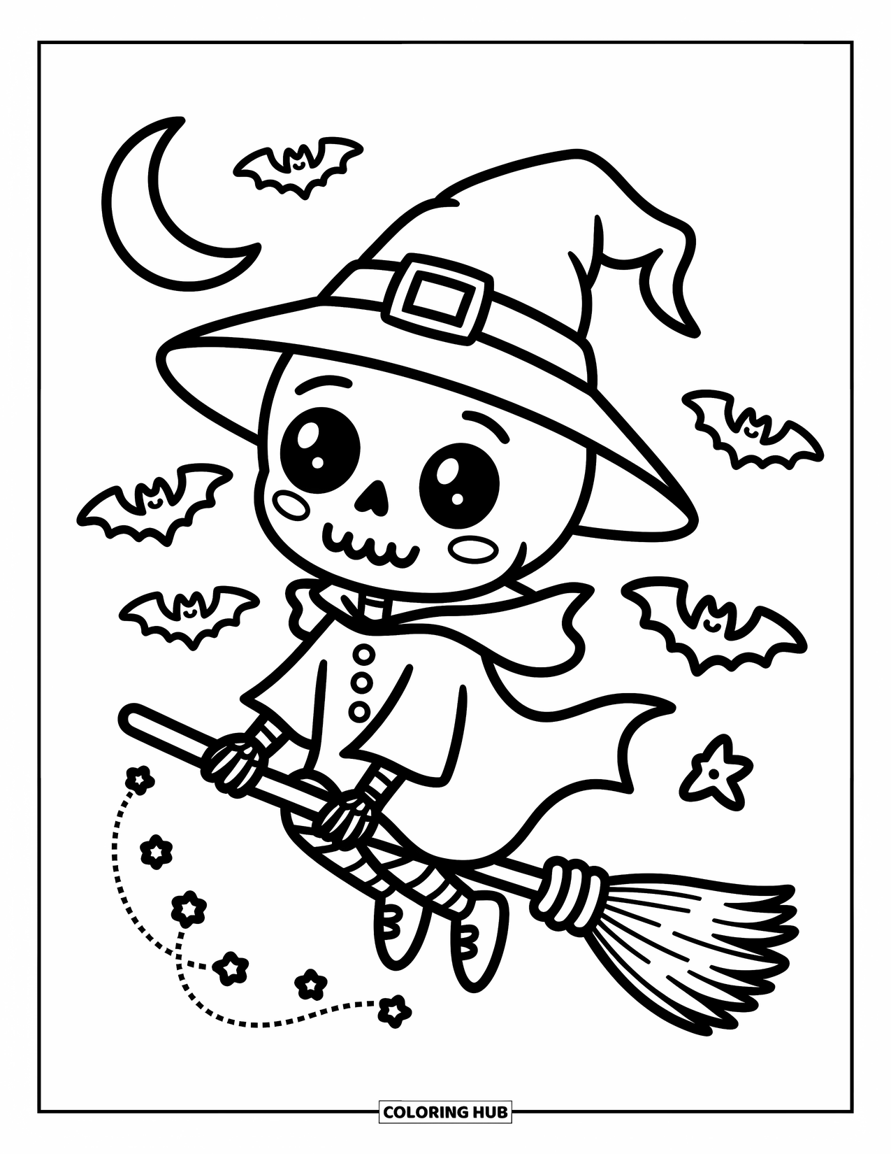 Skeleton Coloring Page for Adults: Cute witch skeleton flying with bats and candy in the moonlit sky