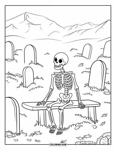 Coloriage de squelette pour adultes : Des feuilles tombées et des pierres penchées entourent un squelette assis dans un cimetière brumeux