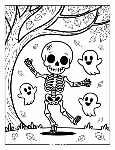 Coloriage de squelette pour adultes : Un squelette heureux tournoyant sous les feuilles d'automne avec deux petits fantômes espiègles