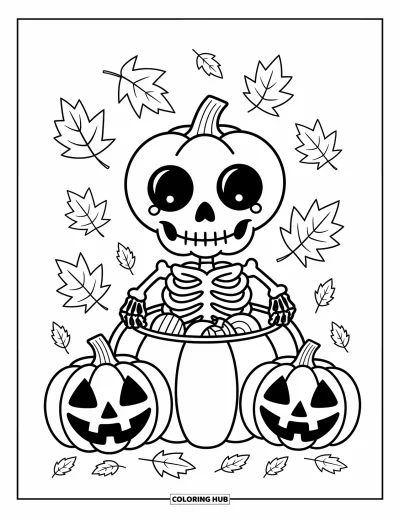 Coloriage de squelette pour adultes : Un squelette heureux avec un seau à bonbons dans un champ de citrouilles entouré de feuilles d'automne