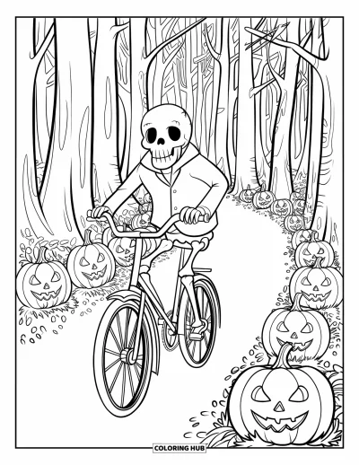 Coloriage de squelette pour adultes : Des arbres et des lanternes finement dessinés guident un squelette cycliste le long d'un sentier automnal sinueux