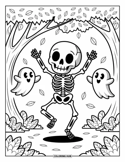 Coloriage de squelette pour adultes : Un squelette dansant dans la forêt parmi des feuilles tourbillonnantes et de mignons petits fantômes