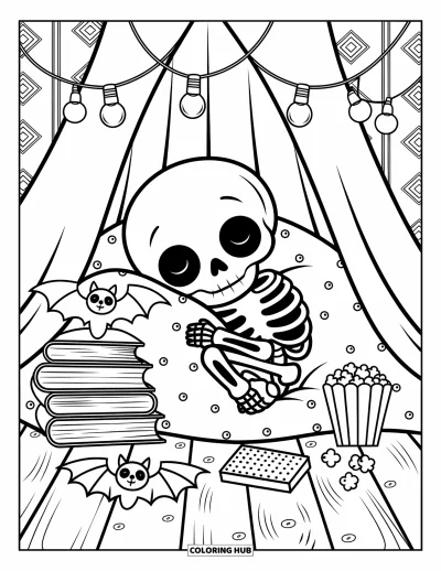 Coloriage de squelette pour adultes : Un squelette faisant une sieste dans une cabane-couverture hantée avec des livres et des en-cas d'Halloween