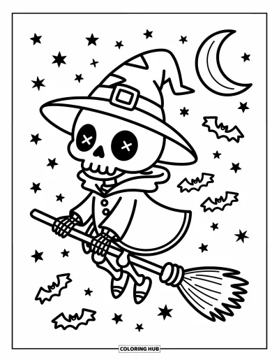 Coloriage de squelette pour adultes : Une sorcière squelette s'élançant devant des chauves-souris et des étoiles avec des bonbons dans son sillage
