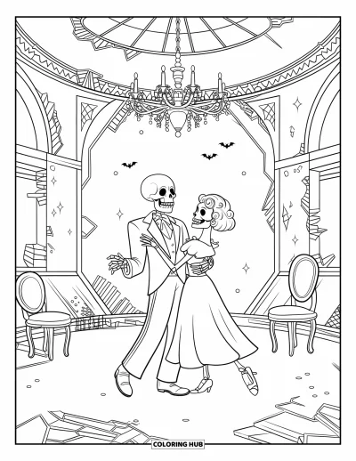 Coloriage de squelette pour adultes : La salle de bal s'effrite tandis qu'un couple squelette danse près d'un piano et de murs fissurés