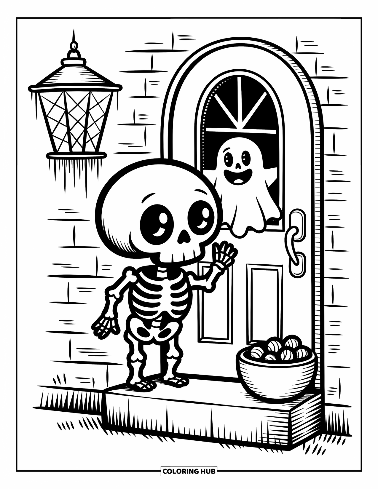 Skeleton Coloring Page for Adults: Trick-or-treating skeleton at a cozy cottage with a grinning ghost and cobweb lantern