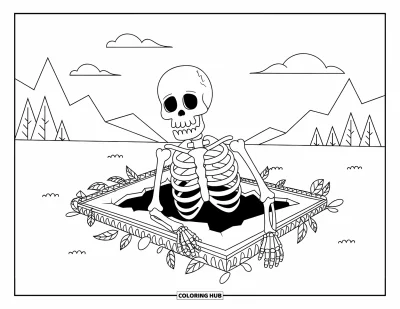 Coloriage de squelette pour adultes : Des lianes s'enroulent autour des côtes d'un squelette qui émerge d'une tombe fissurée près des montagnes