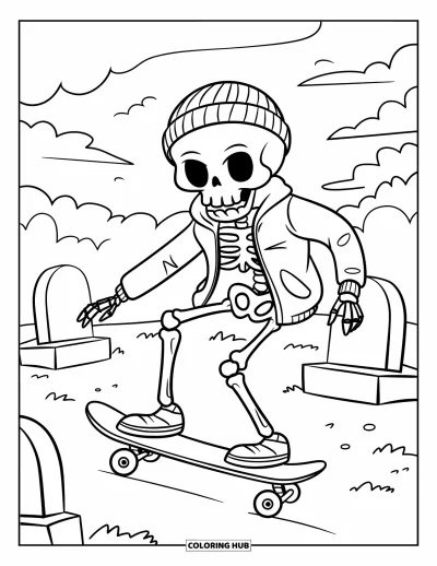 Coloriage de squelette pour enfants : Un squelette avec un bonnet faisant du skateboard devant des pierres tombales nuageuses