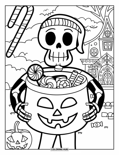Coloriage de squelette pour enfants : Un squelette tenant un seau rempli de bonbons près d'une maison hantée et de citrouilles