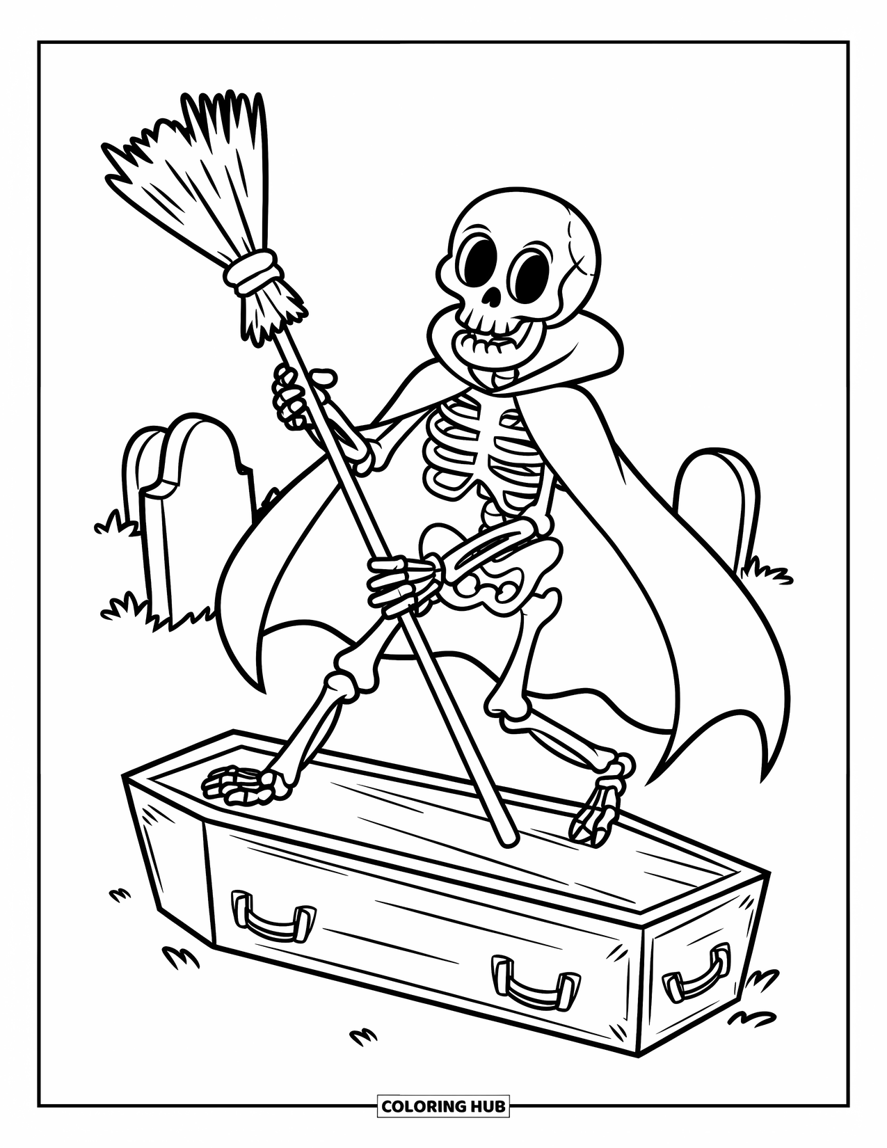 Skeleton Coloring Page for Kids: Cape-wearing skeleton holding a broomstick while standing on a coffin