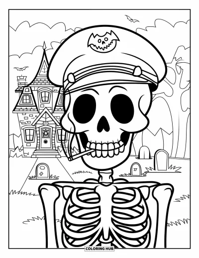 Coloriage de squelette pour enfants : Un squelette capitaine prenant un selfie près de pierres tombales et d'éclairs