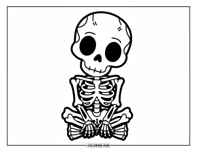 Coloriage de squelette pour enfants : Un squelette souriant dans une pose détendue avec un arrière-plan simple