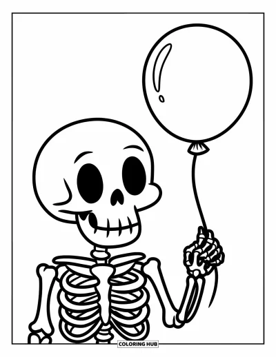 Coloriage de squelette pour enfants : Un squelette jovial avec un ballon et des contours simples et bien marqués