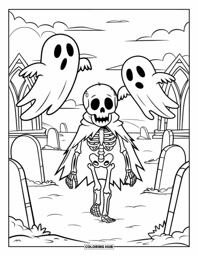 Coloriage de squelette pour enfants : Un squelette encapuchonné avec des silhouettes fantomatiques dans un cimetière envahi par les nuages