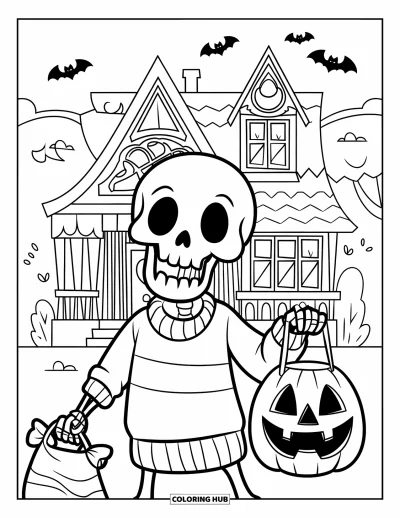 Coloriage de squelette pour enfants : Un squelette en pull coloré faisant la quête d'Halloween avec des chauves-souris au-dessus d'une maison effrayante