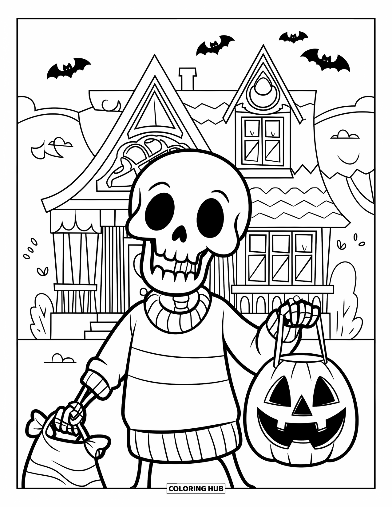 Skeleton Coloring Page for Kids: Colorful sweater-wearing skeleton trick-or-treating with bats above a spooky house
