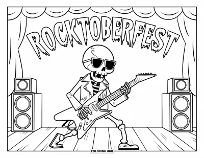 Coloriage de squelette pour enfants : Un squelette cool avec des lunettes de soleil jouant de la guitare à 