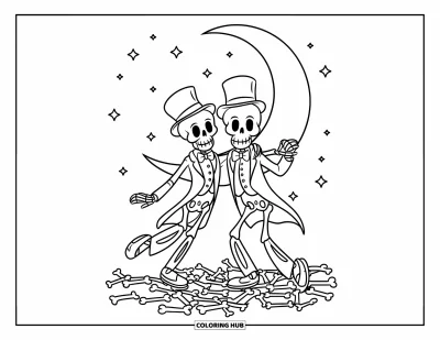 Coloriage de squelette pour enfants : Des squelettes en smoking dansent sous les étoiles sur un sol osseux