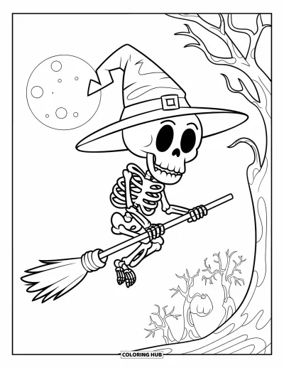 Coloriage de squelette pour enfants : Un squelette avec des plumes sur son balai vole dans le ciel lors d'une nuit d'Halloween