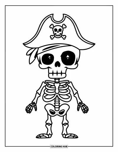 Coloriage de squelette pour enfants : Un squelette pirate amical se tient droit avec un design gai et simple