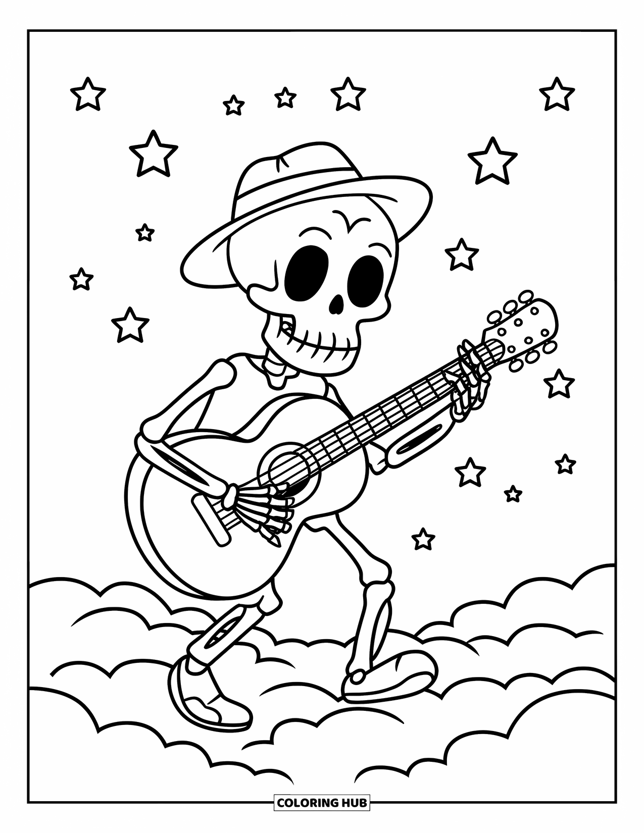 Skeleton Coloring Page for Kids: Guitar-playing skeleton on a starry cloud with a hat
