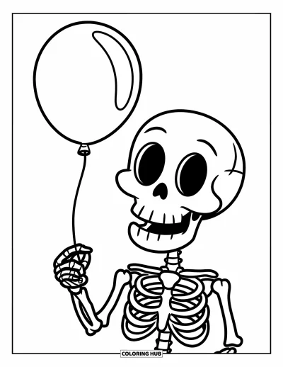 Coloriage de squelette pour enfants : Un squelette joyeux tient un ballon avec un design simple et épuré