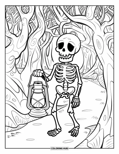 Coloriage de squelette pour enfants : Un squelette avec une lanterne et un chapeau debout sur un chemin forestier