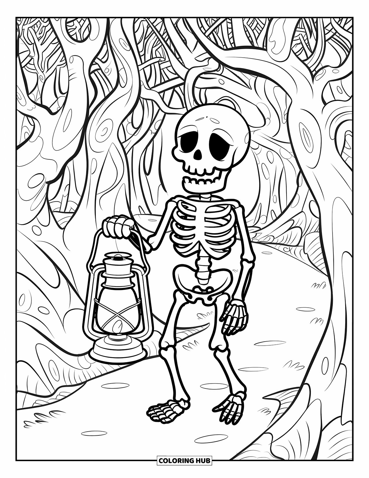 Skeleton Coloring Page for Kids: Lantern-carrying skeleton in a hat standing at a forest path