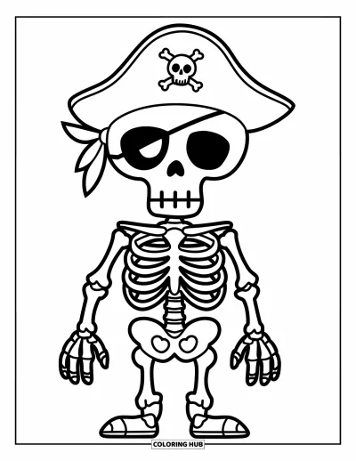 Coloriage de squelette pour enfants : Un squelette avec un chapeau de pirate se tient joyeusement avec un design ludique et facile à colorier