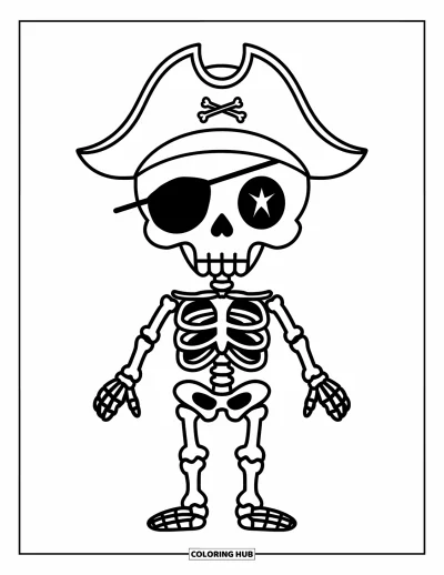 Coloriage de squelette pour enfants : Un squelette simple en chapeau de pirate immobile avec de grandes sections à colorier