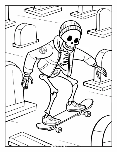 Coloriage de squelette pour enfants : Un squelette skateur en veste glisse au-dessus de pierres tombales