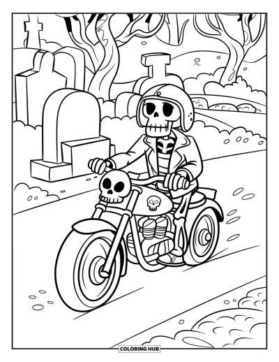 Coloriage de squelette pour enfants : Un squelette motard avec des détails de crâne passe devant des pierres tombales inquiétantes