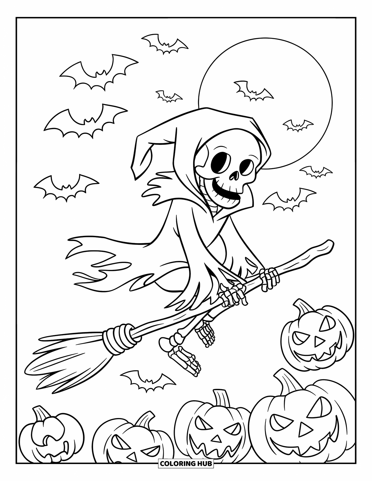 Skeleton Coloring Page for Kids: Skeleton flying on a broomstick under a full moon with pumpkins